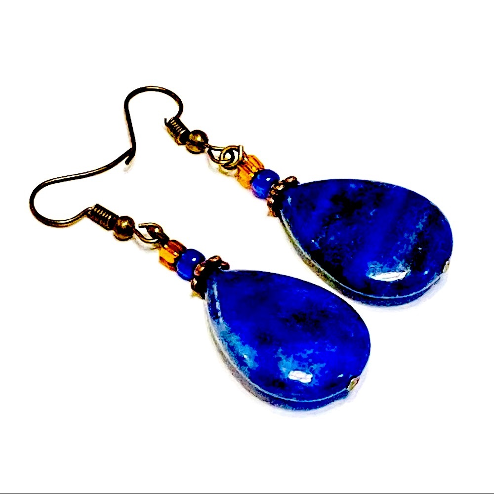Bohemian LAPIS LAZULI Stone Earrings & Necklace w/ Sculpted Bronze Maple Leaf - Picture 6 of 14